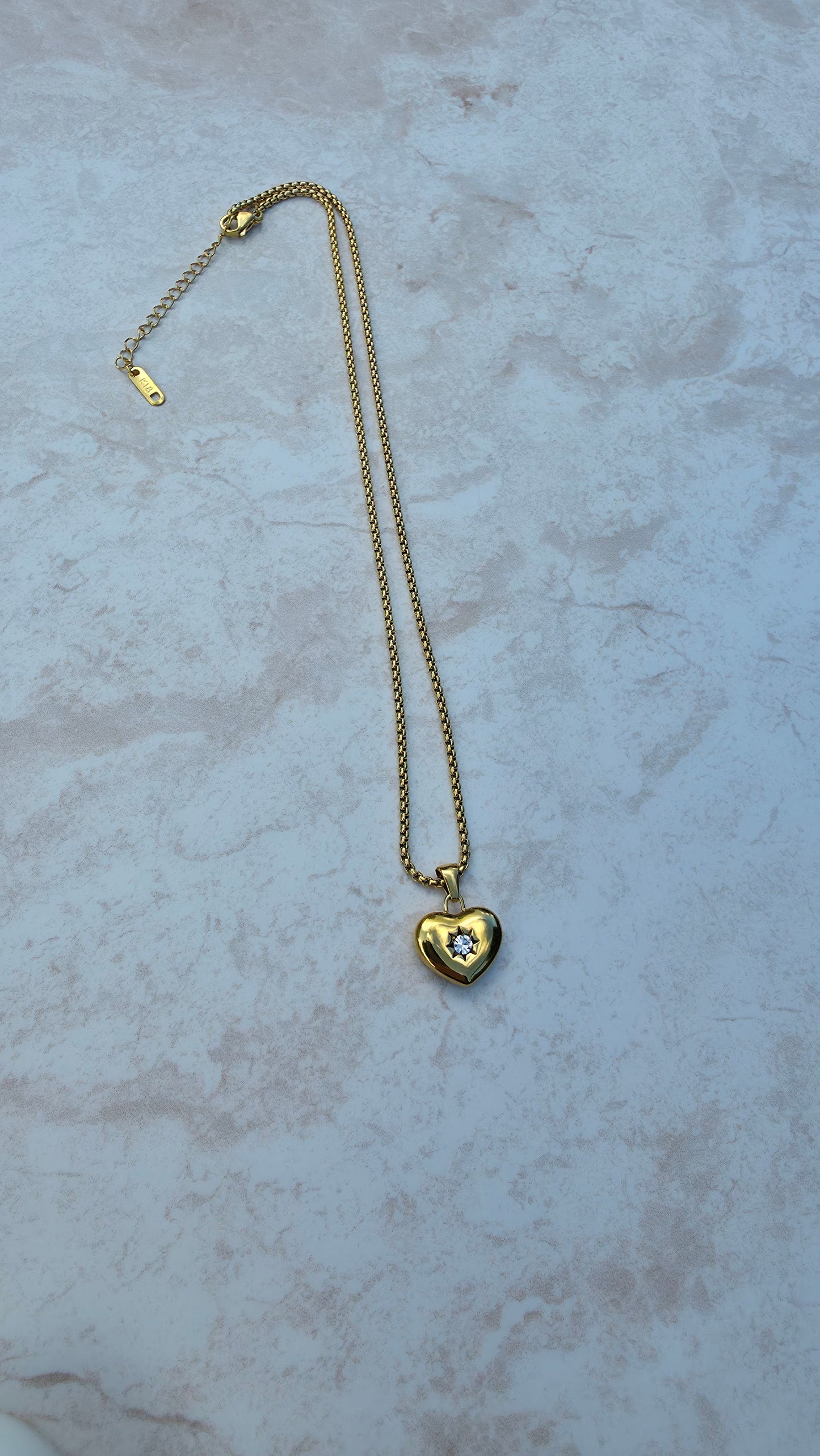 18 K Gold Plated Stainless Steel Necklace, Chunky Heart Pendant Encrusted Zirconia Stone