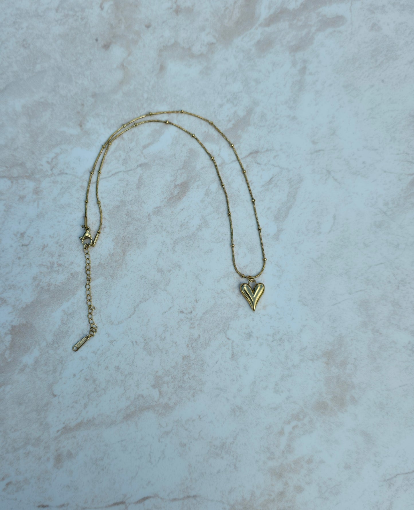 Gold Plated Stainless Steel Necklace Minimalistic With Beaded Chain Polished Puffy Heart Pendant