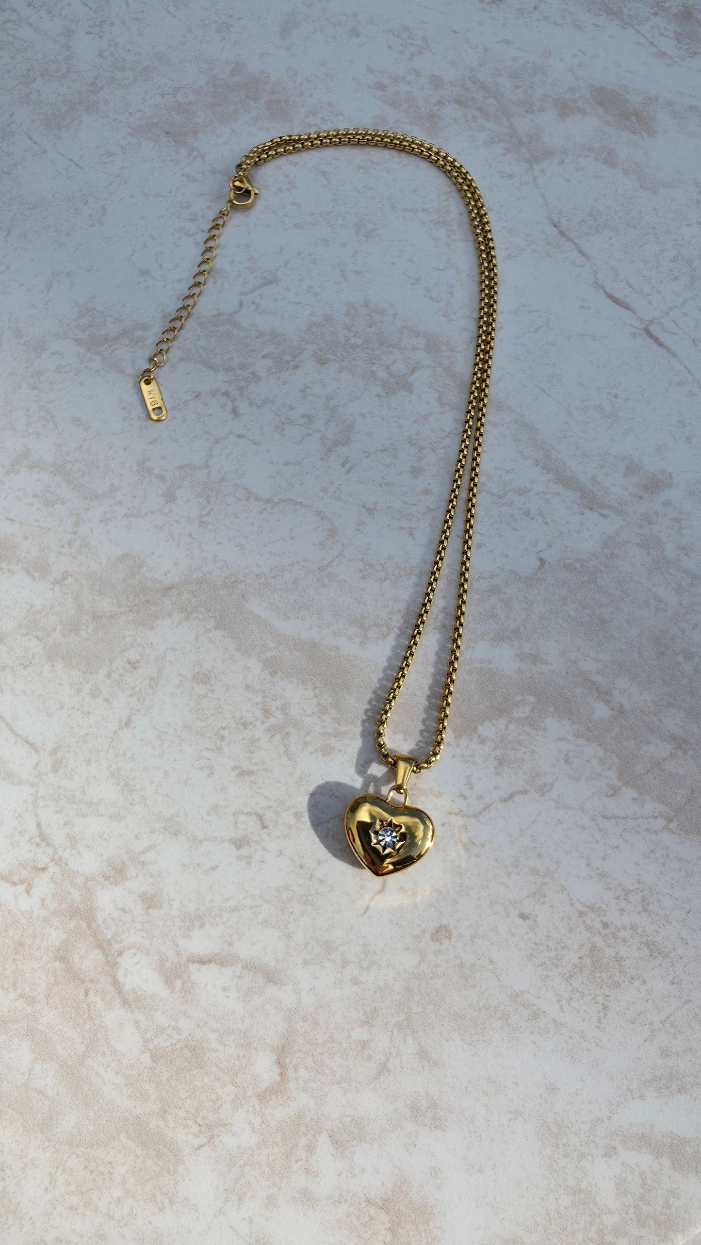 18 K Gold Plated Stainless Steel Necklace, Chunky Heart Pendant Encrusted Zirconia Stone