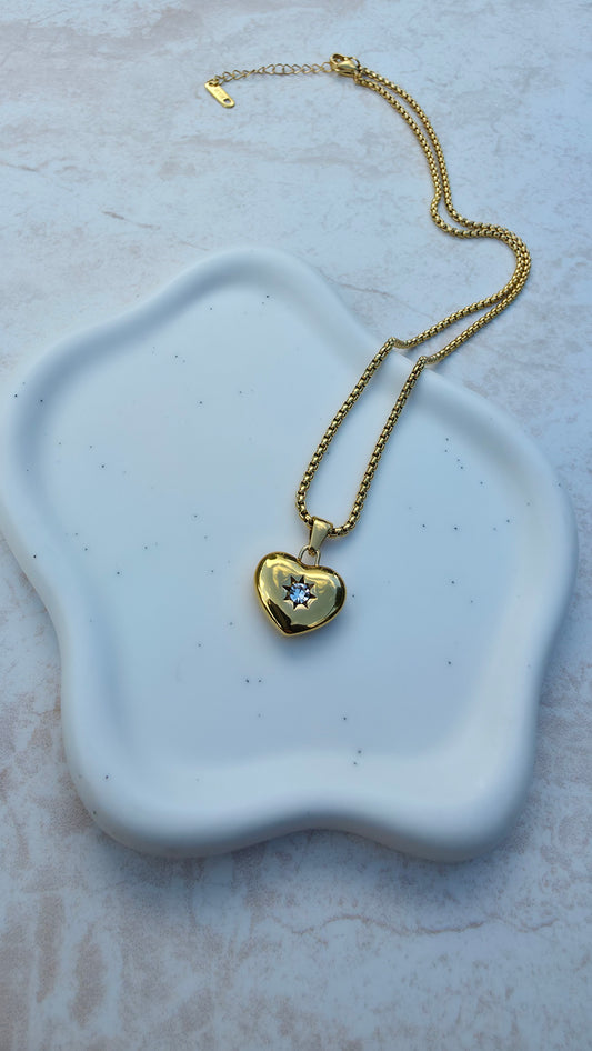 18 K Gold Plated Stainless Steel Necklace, Chunky Heart Pendant Encrusted Zirconia Stone