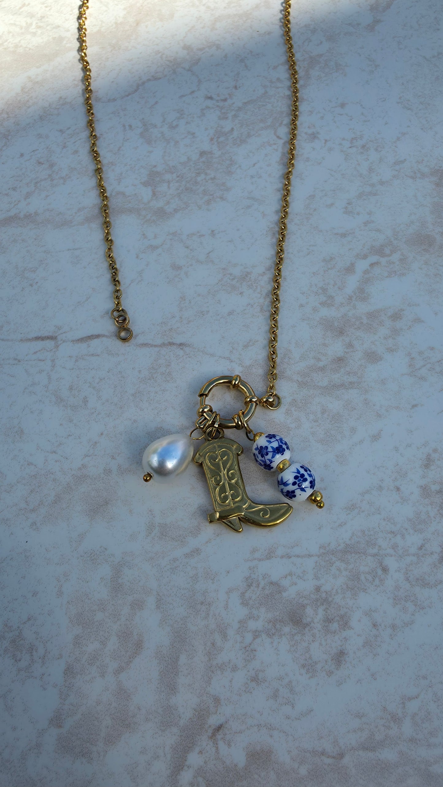 316L 18 K Gold Plated High-Quality Stainless Steel Necklace With Boot Ceramic Faux Pearl Charms Sailor Clasp