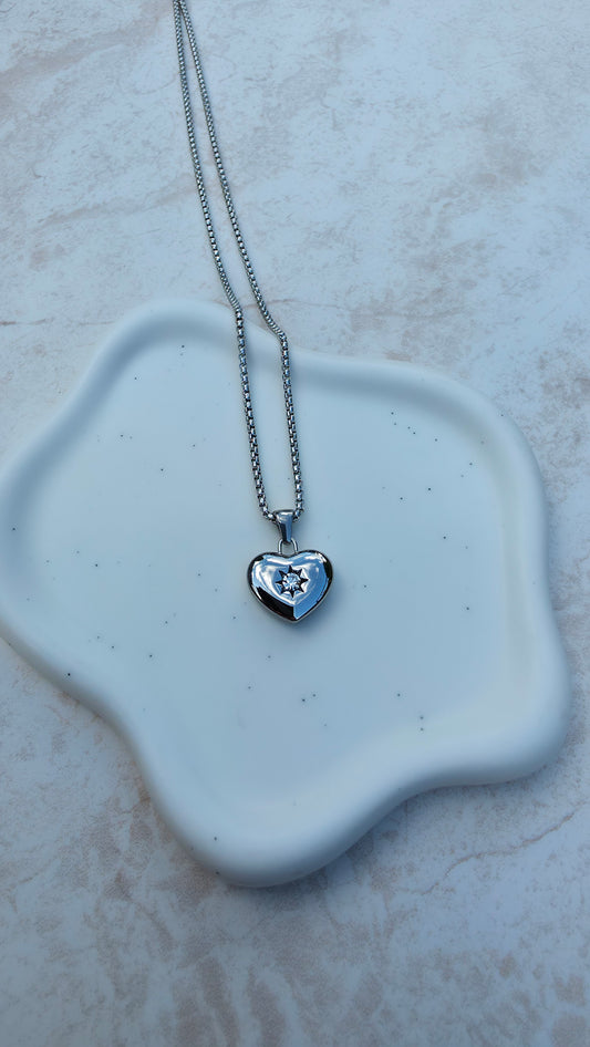 18 K White Gold Plated Stainless Steel Necklace, Chunky Heart Pendant Encrusted Zirconia Stone