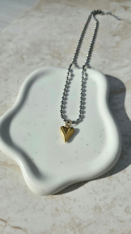 18 K Gold Plated Dual Tone Stainless Steel Bead Chain Necklace Heart Pendant