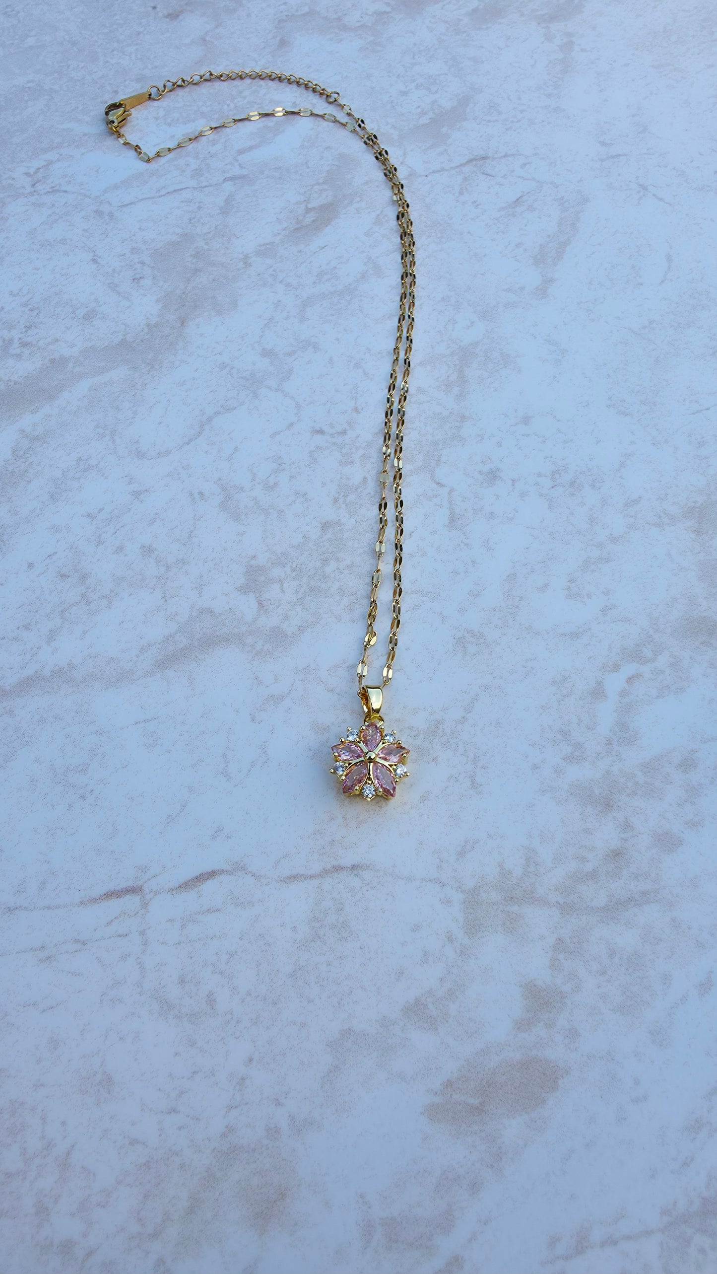 Delicate Dainty  18 K Gold Plated Stainless Steel Necklace With A Pink Stone Flower Pendant