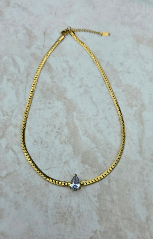 18 K Gold Plated Stainless Steel Necklace Flat Chain Teardrop Zirconia Stone Pendant