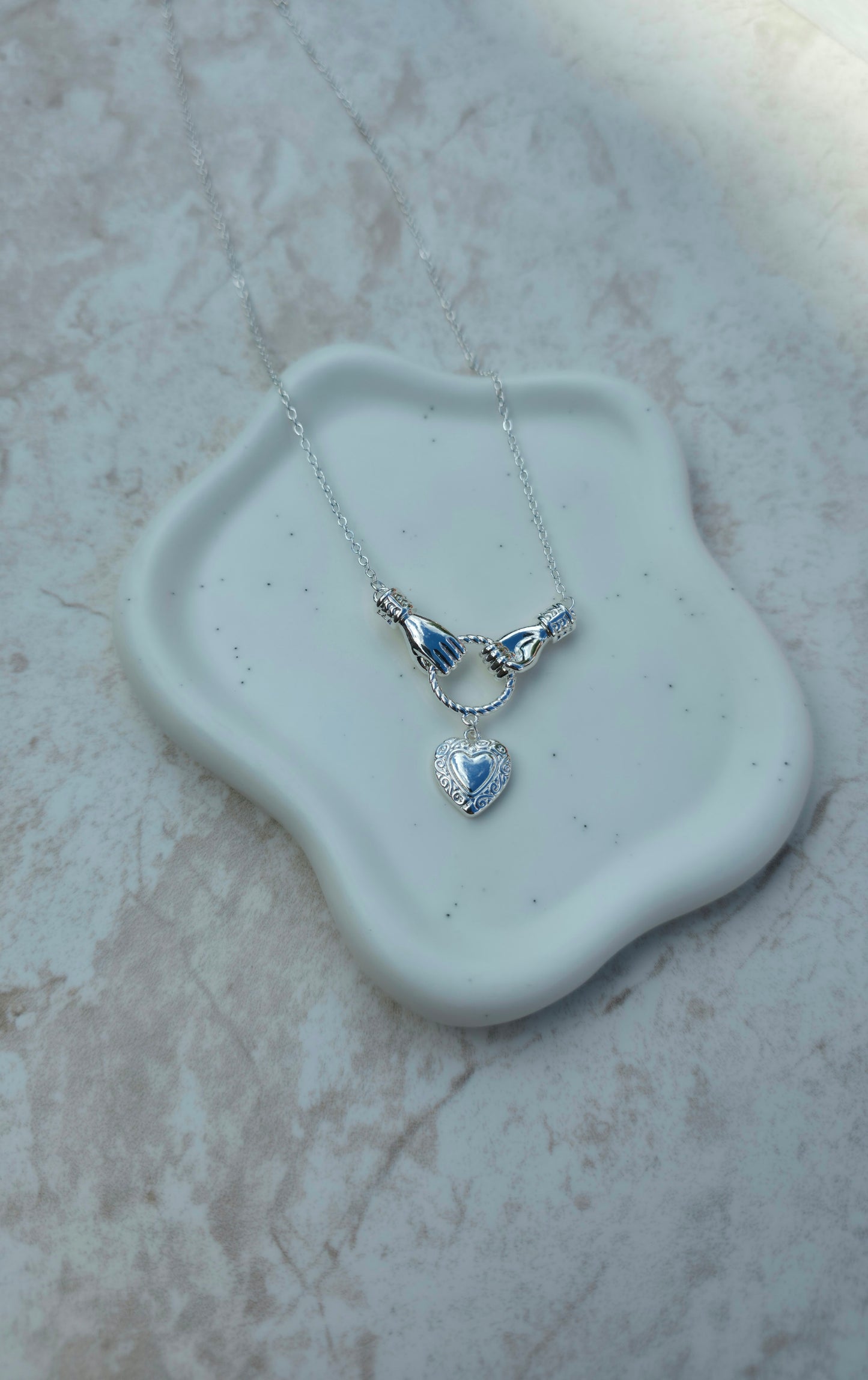 Silver Colour Stainless Steel Necklace With Two Hands Holding Hanging Heart Pendant Love Symbol