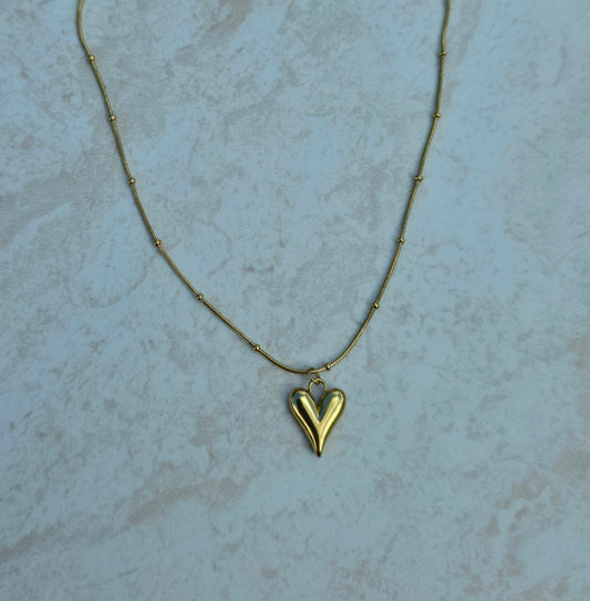 Gold Plated Stainless Steel Necklace Minimalistic With Beaded Chain Polished Puffy Heart Pendant