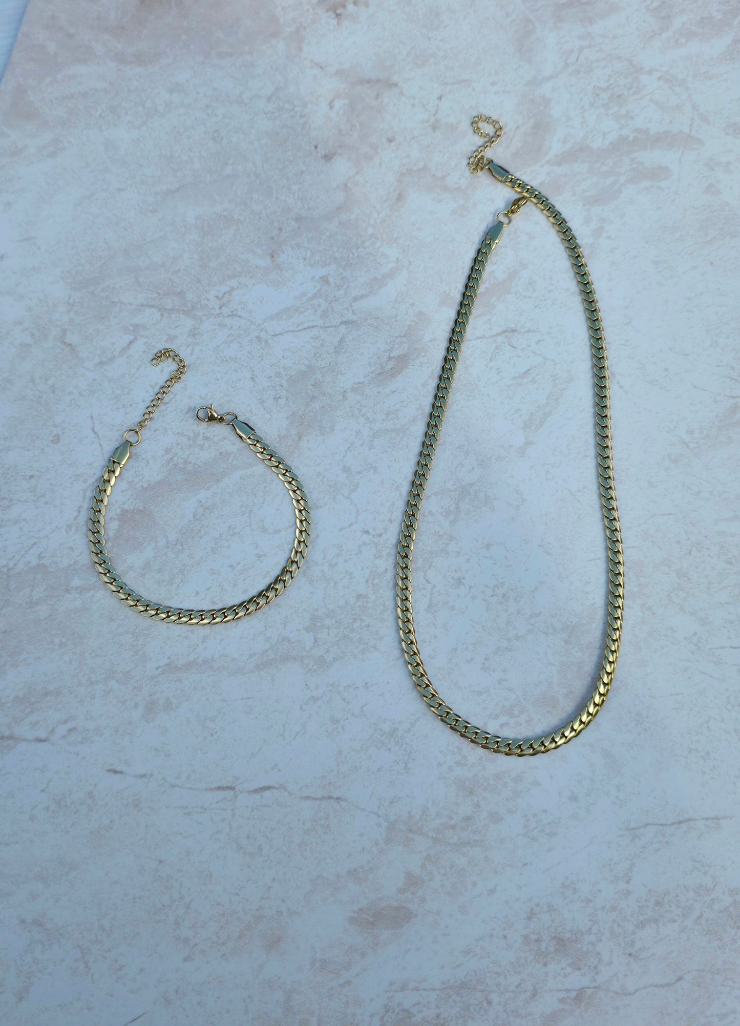 18 K Gold Plated Set Stainless Steel Flat Cuban Chain Bracelet And Necklace
