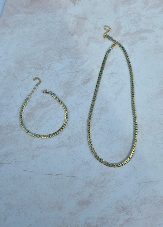 18 K Gold Plated Set Stainless Steel Flat Cuban Chain Bracelet And Necklace