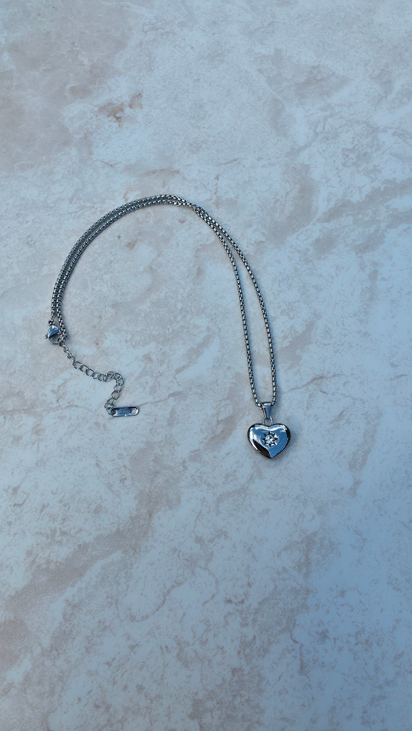 18 K White Gold Plated Stainless Steel Necklace, Chunky Heart Pendant Encrusted Zirconia Stone