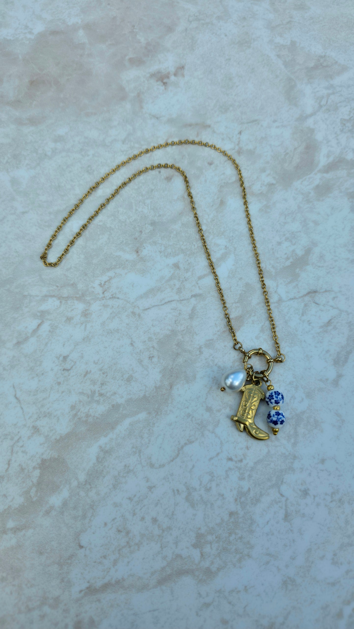 316L 18 K Gold Plated High-Quality Stainless Steel Necklace With Boot Ceramic Faux Pearl Charms Sailor Clasp