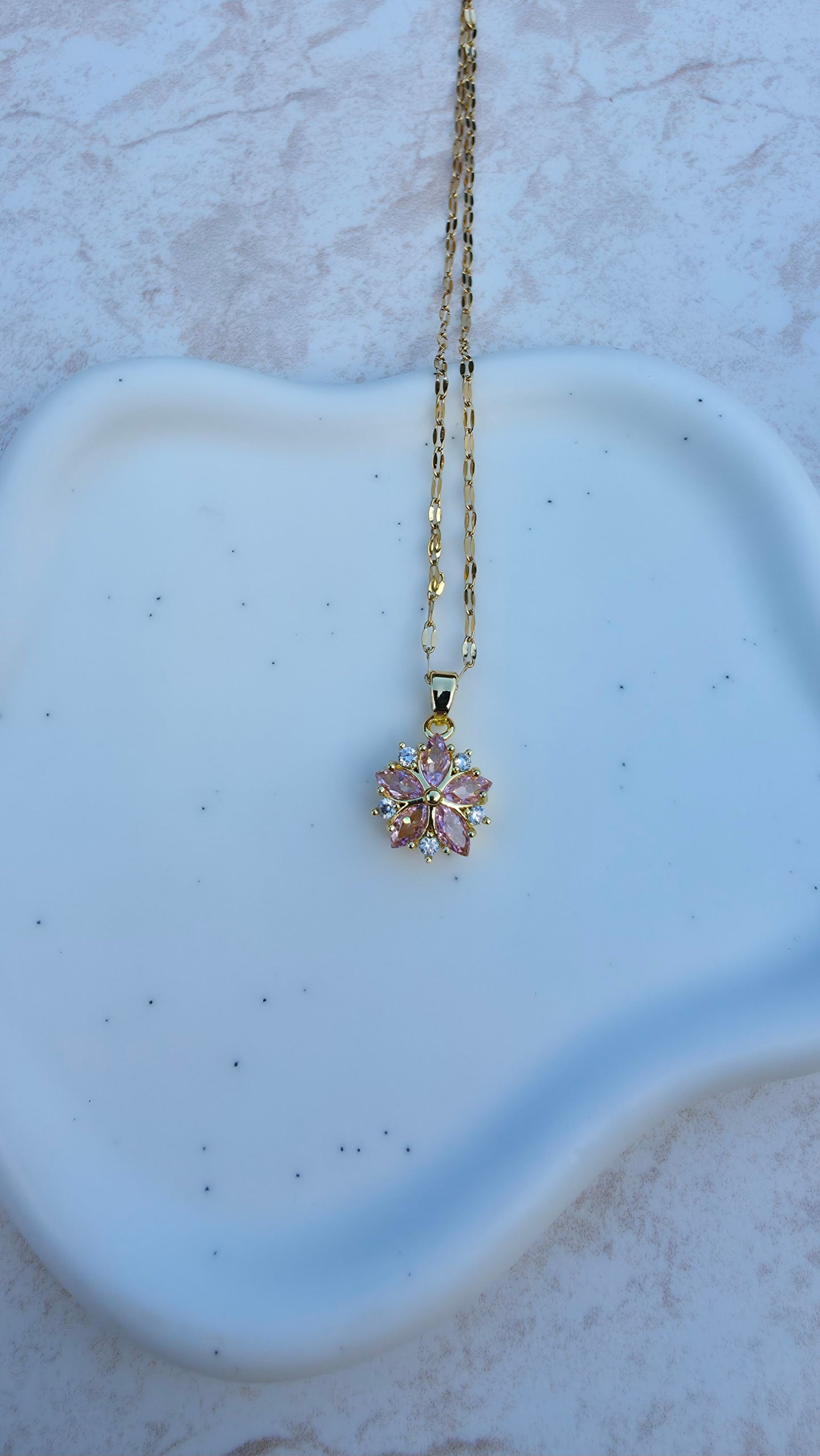 Delicate Dainty  18 K Gold Plated Stainless Steel Necklace With A Pink Stone Flower Pendant