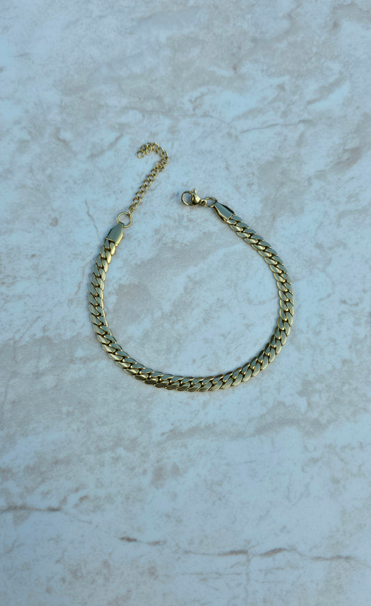 18 K Gold Plated Set Stainless Steel Flat Cuban Chain Bracelet And Necklace