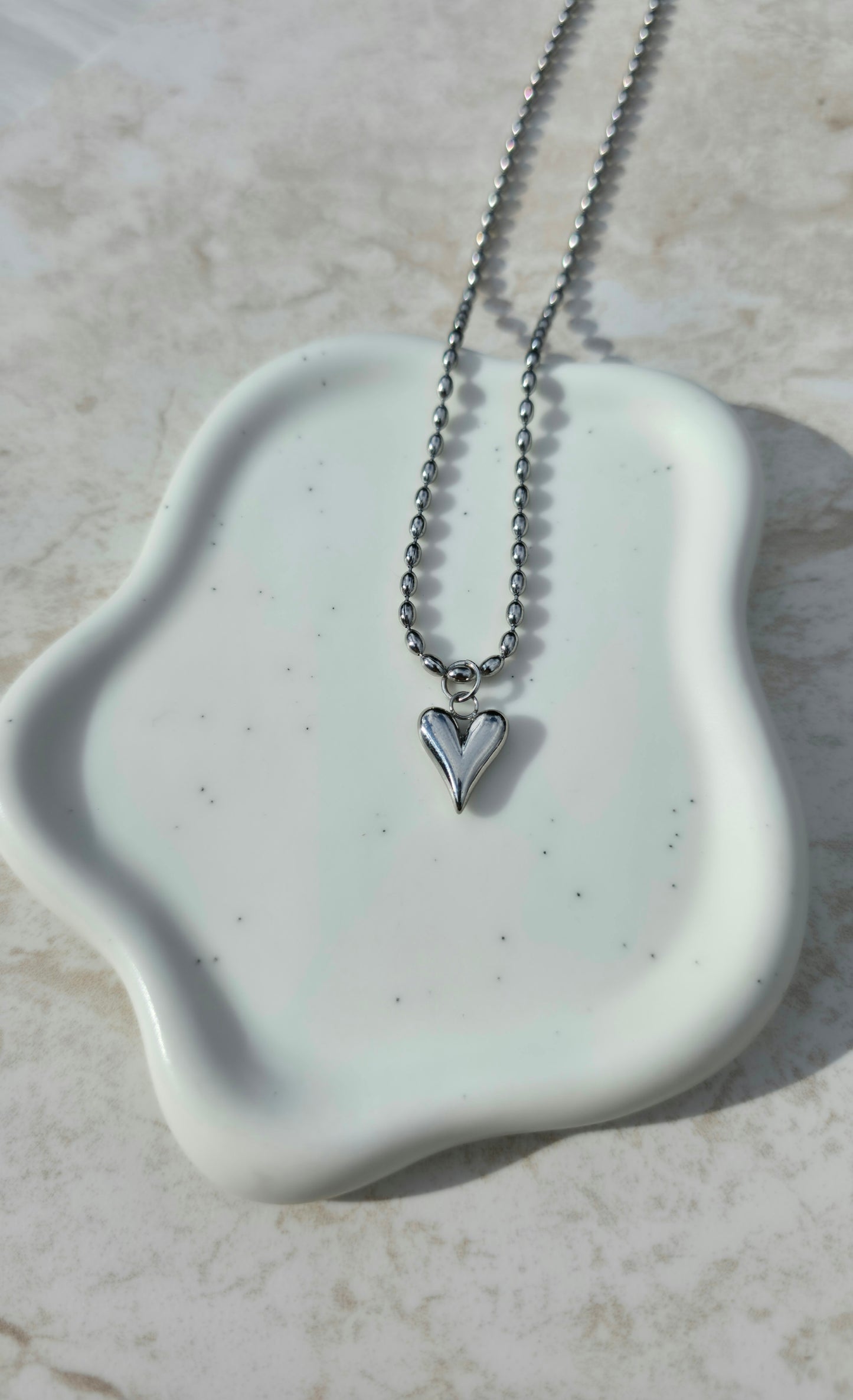 18 K White Gold Plated Stainless Steel Bead Chain Necklace Heart Pendant