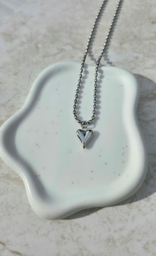 18 K White Gold Plated Stainless Steel Bead Chain Necklace Heart Pendant