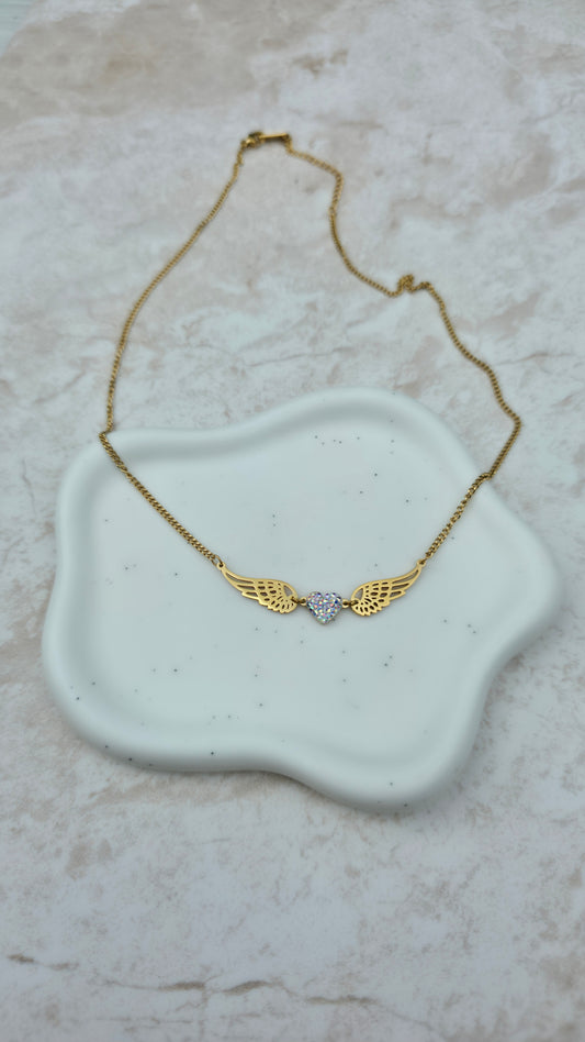 Gold Plated Stainless Steel Necklace With Flying Heart Angel Wings Love Pendant