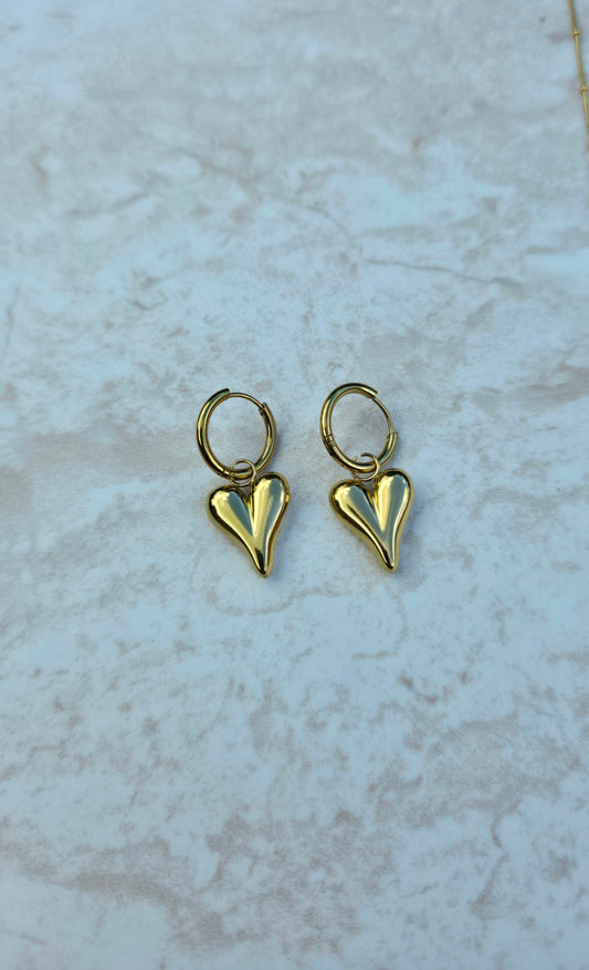 Gold Plated Stainless Steel Set Earrings And Necklace Chunky Polished Heart Pendant Charms