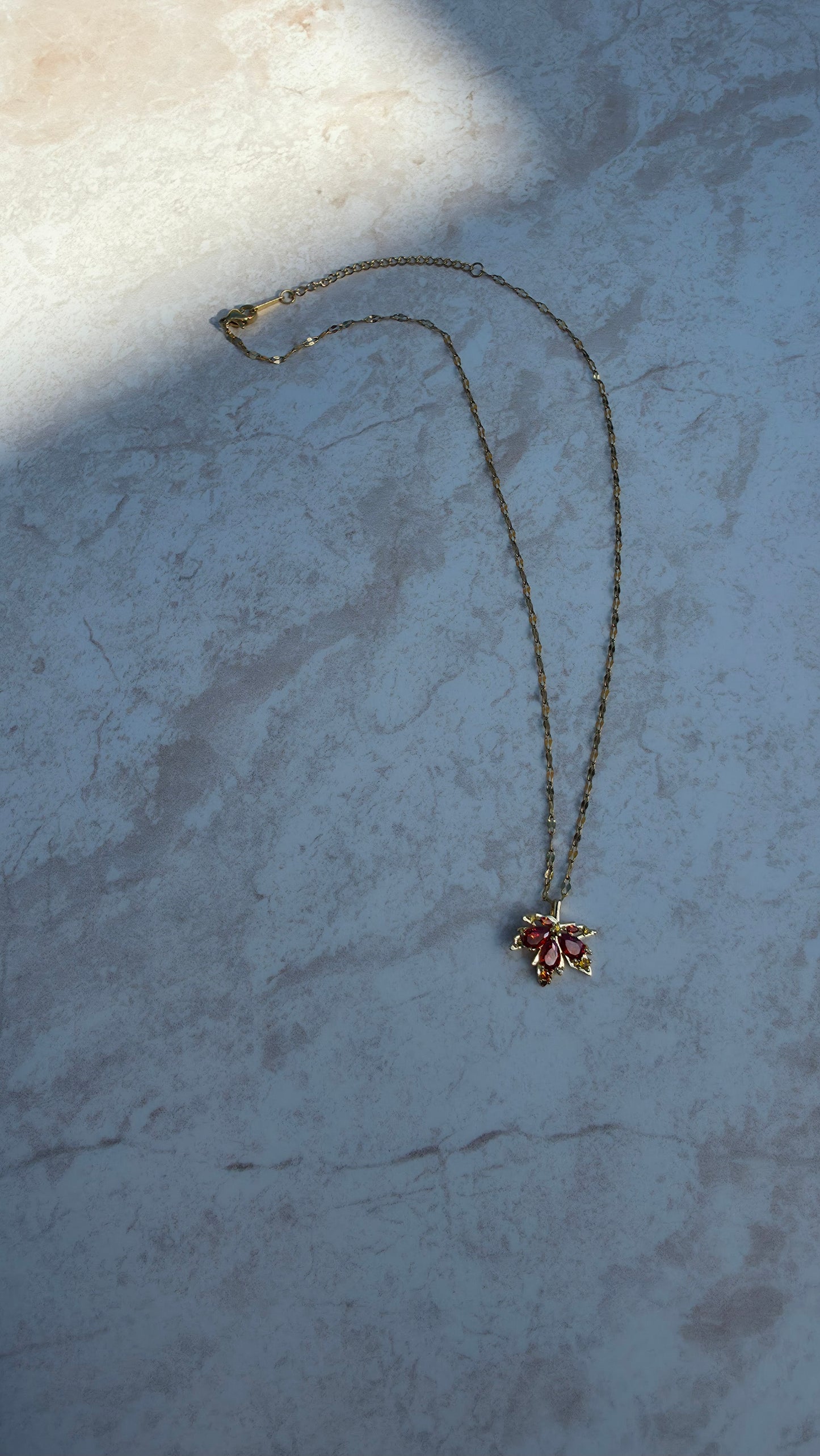 Delicate Dainty 18 K Gold Plated Stainless Steel Necklace With A Maple Leaf Stone Pendant