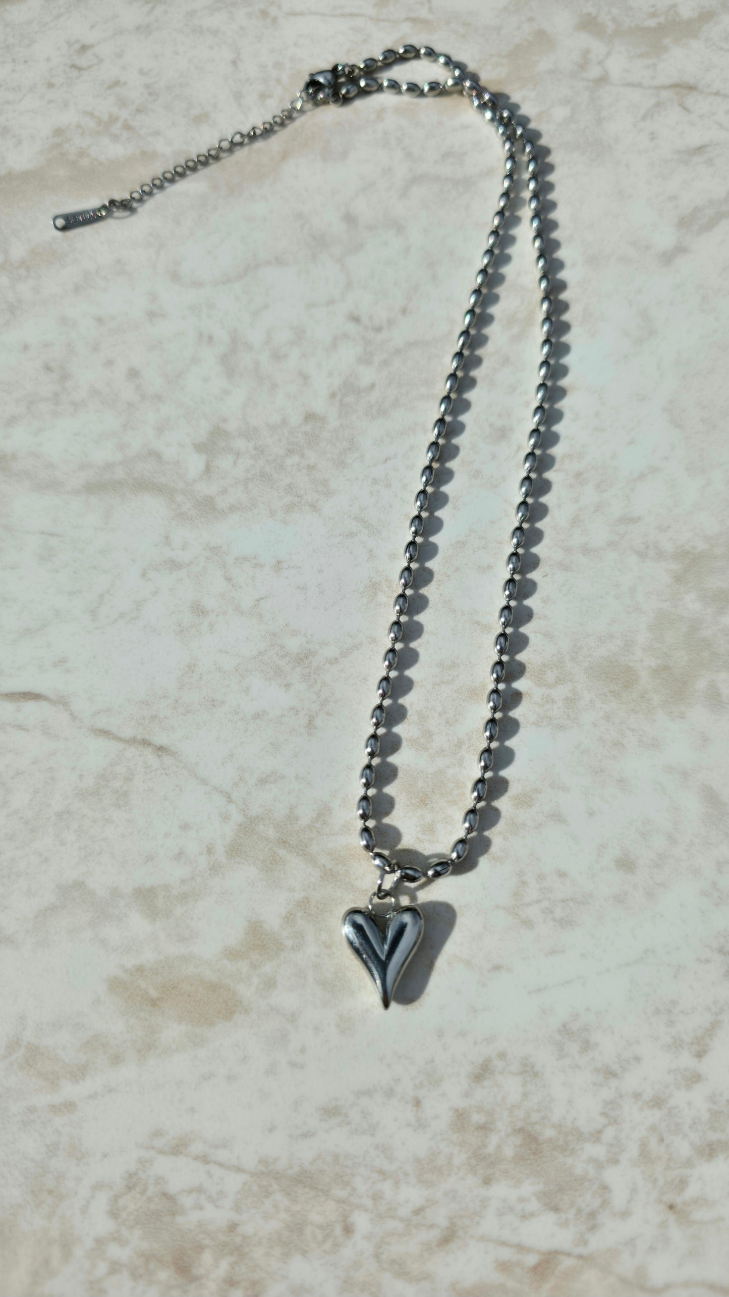 18 K White Gold Plated Stainless Steel Bead Chain Necklace Heart Pendant