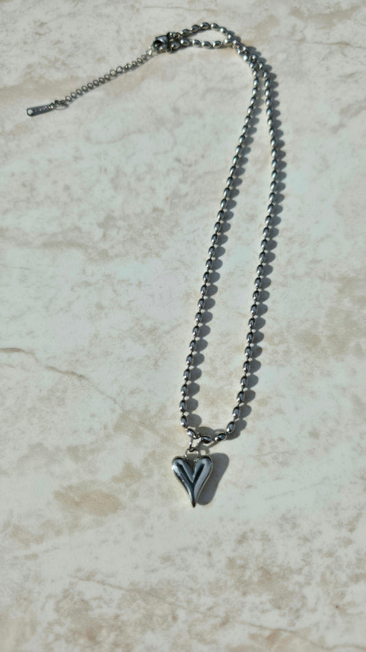 18 K White Gold Plated Stainless Steel Bead Chain Necklace Heart Pendant