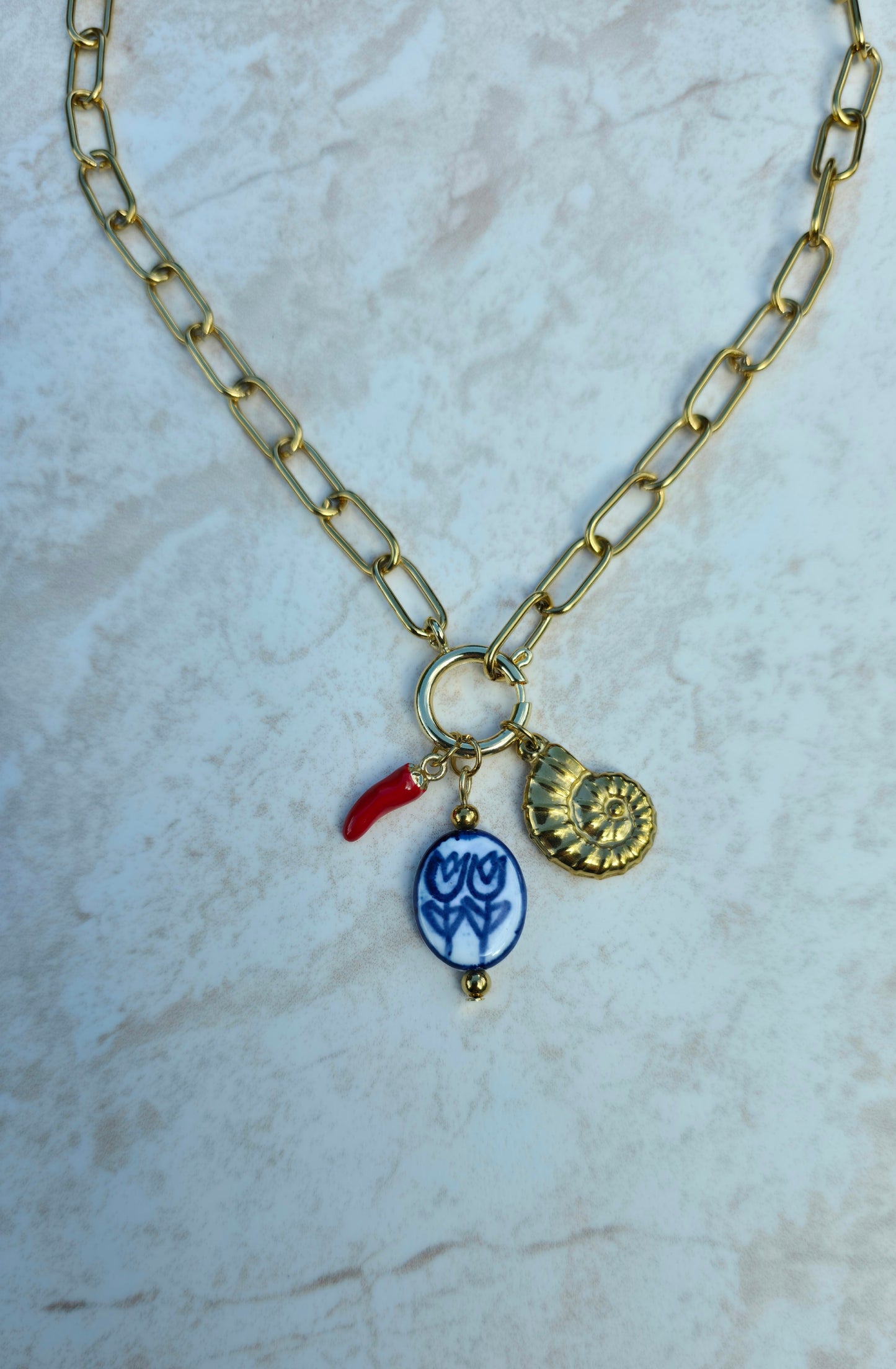 Gold Plated Stainless Steel Necklace With Charms Chilli Pepper Hand Painted Ceramic Tulip, Conch