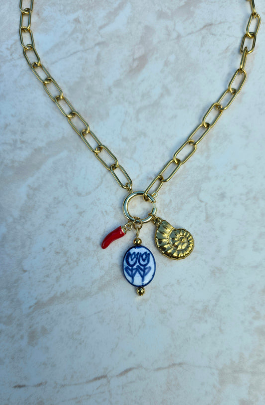 Gold Plated Stainless Steel Necklace With Charms Chilli Pepper Hand Painted Ceramic Tulip, Conch
