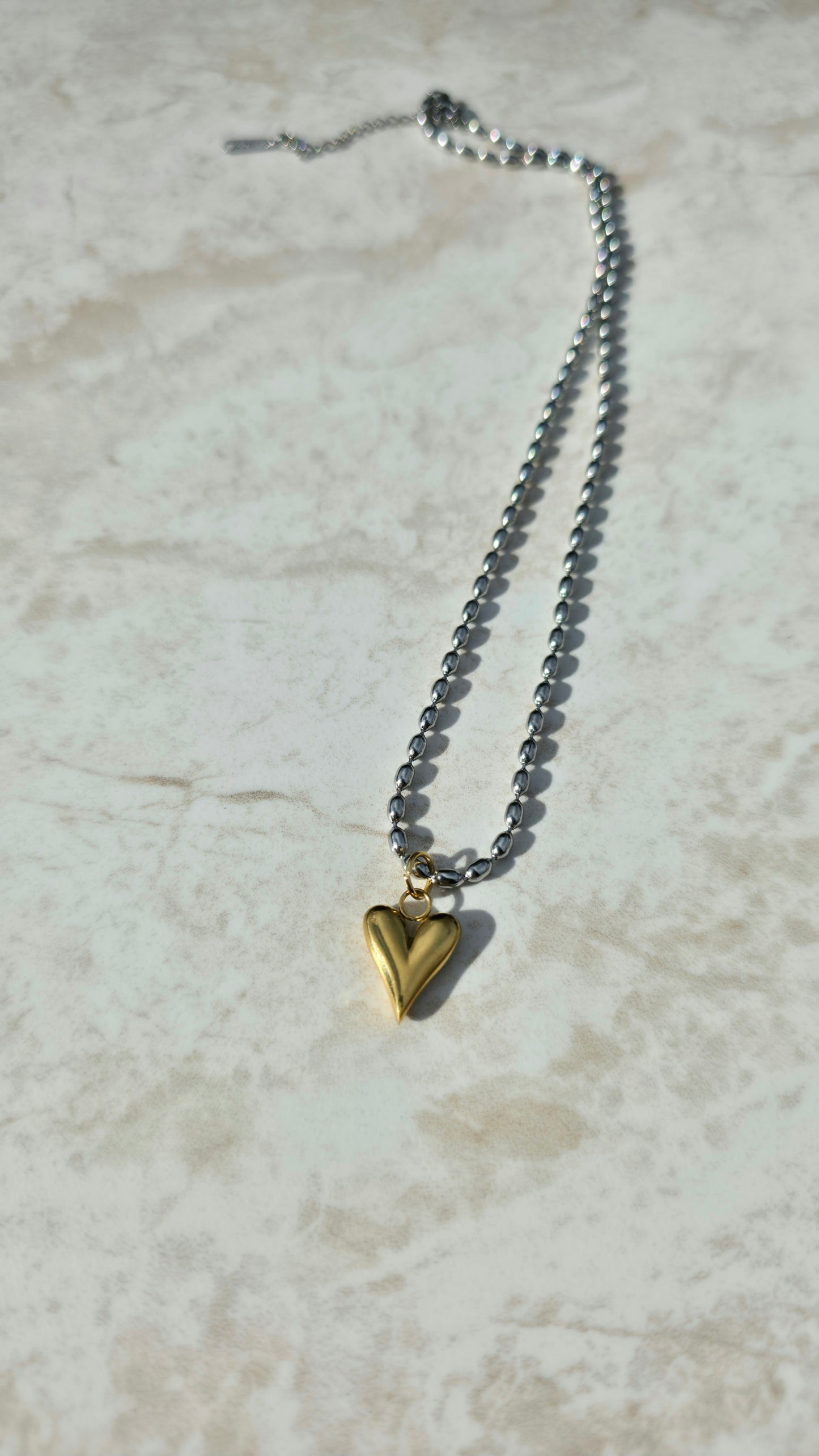 18 K Gold Plated Dual Tone Stainless Steel Bead Chain Necklace Heart Pendant