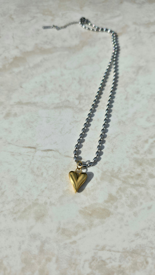 18 K Gold Plated Dual Tone Stainless Steel Bead Chain Necklace Heart Pendant