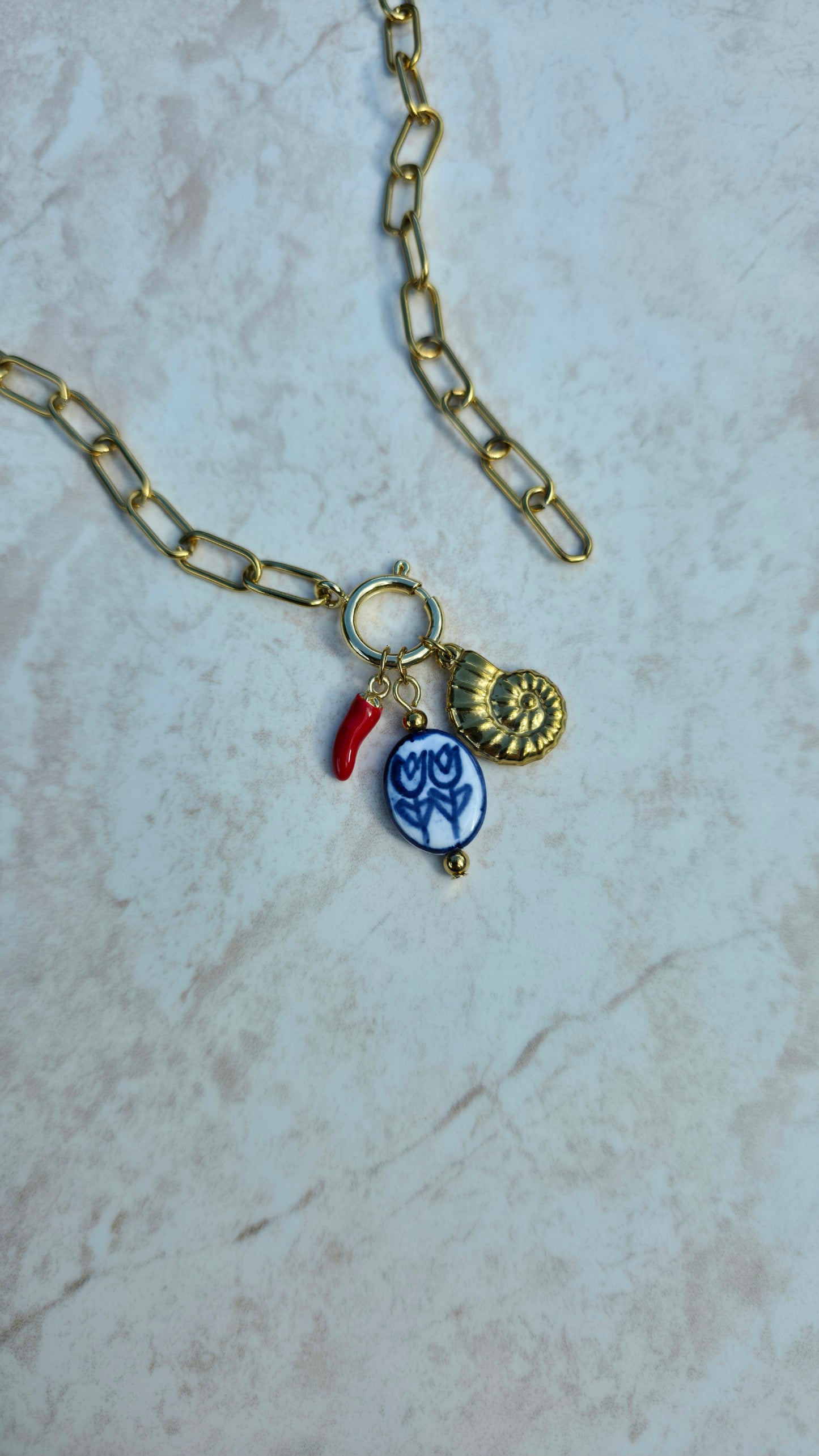 Gold Plated Stainless Steel Necklace With Charms Chilli Pepper Hand Painted Ceramic Tulip, Conch
