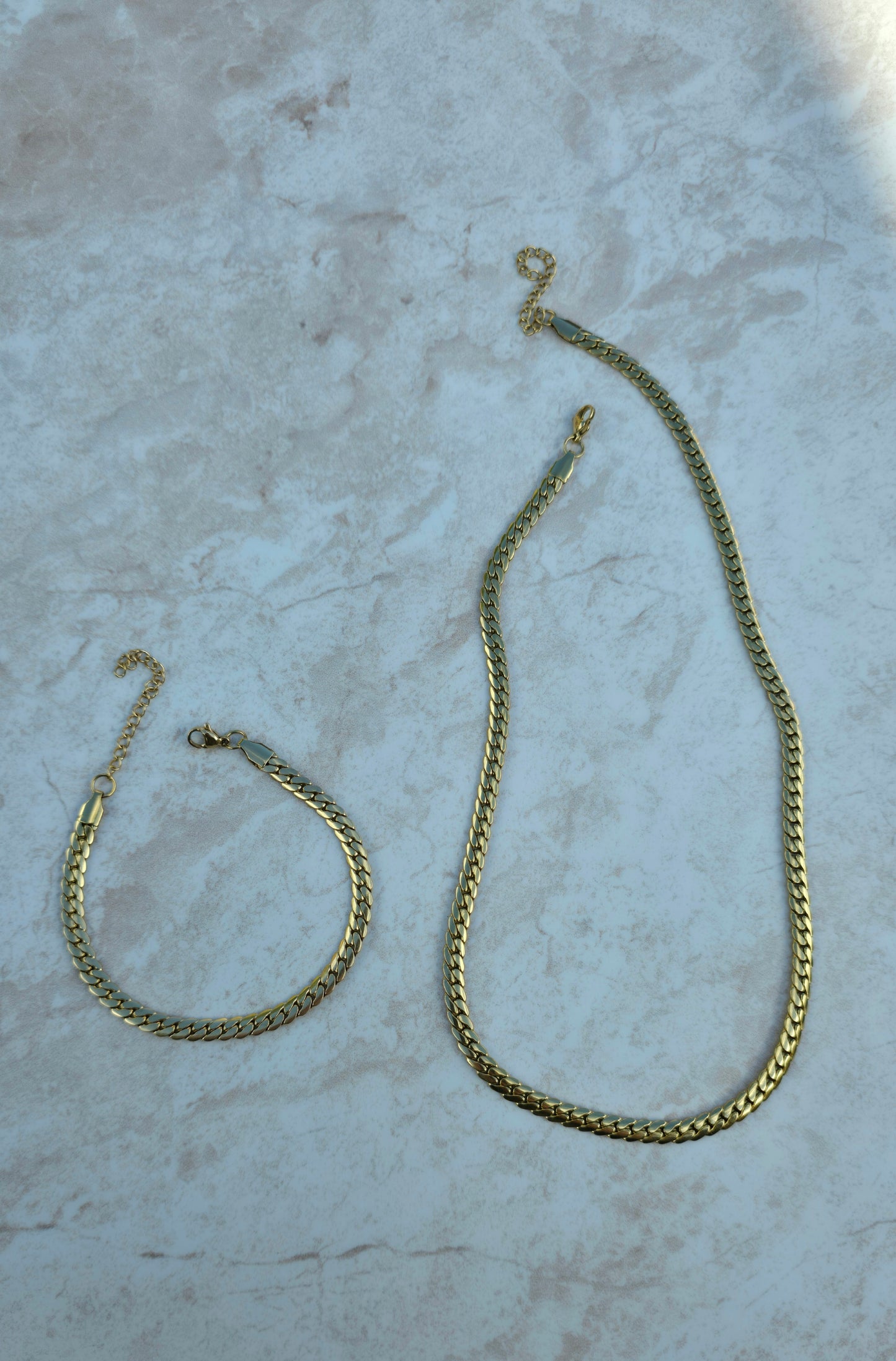 18 K Gold Plated Set Stainless Steel Flat Cuban Chain Bracelet And Necklace