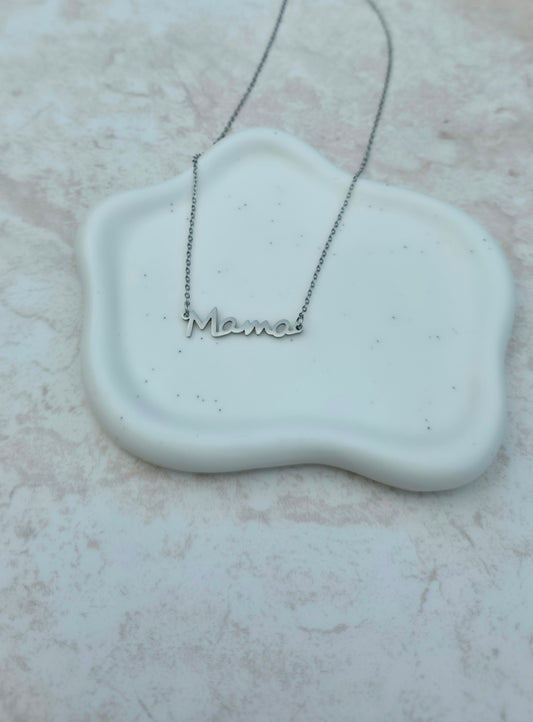 Gold Plated Silver Colour Polished Stainless Steel Necklace With The Word Mama Pendant
