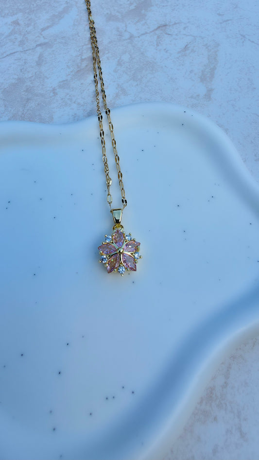 Delicate Dainty  18 K Gold Plated Stainless Steel Necklace With A Pink Stone Flower Pendant