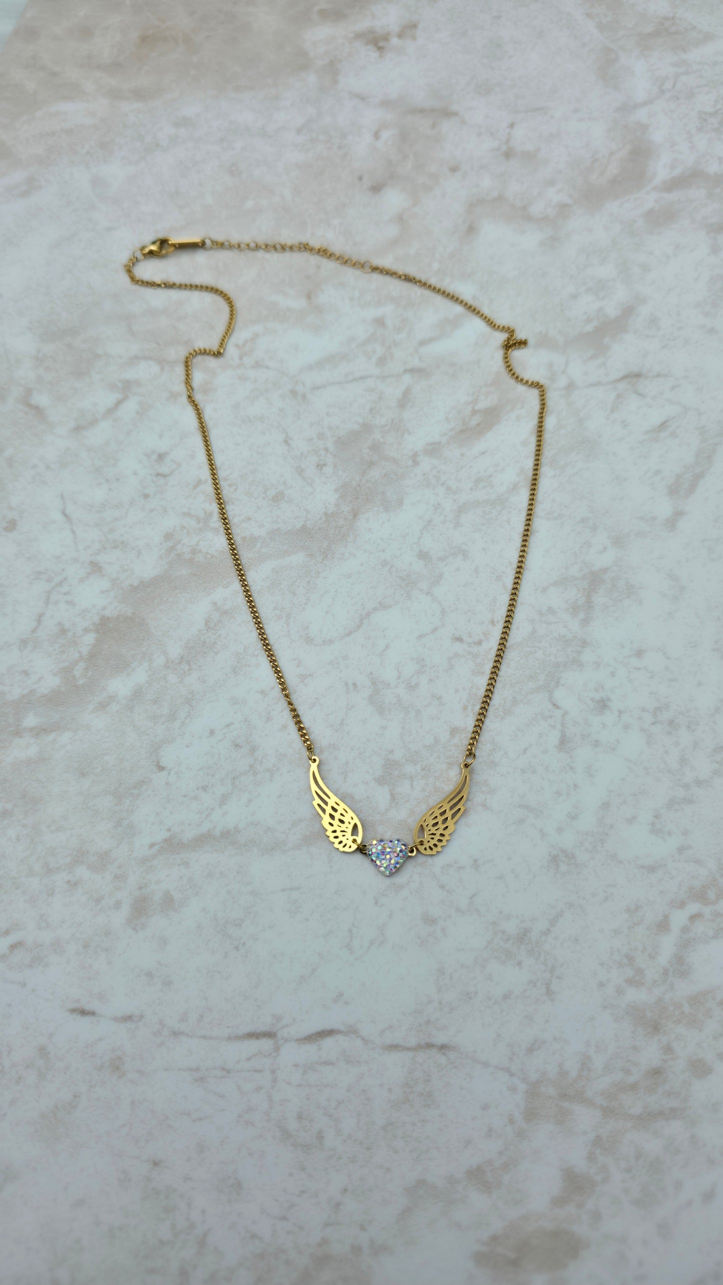 Gold Plated Stainless Steel Necklace With Flying Heart Angel Wings Love Pendant