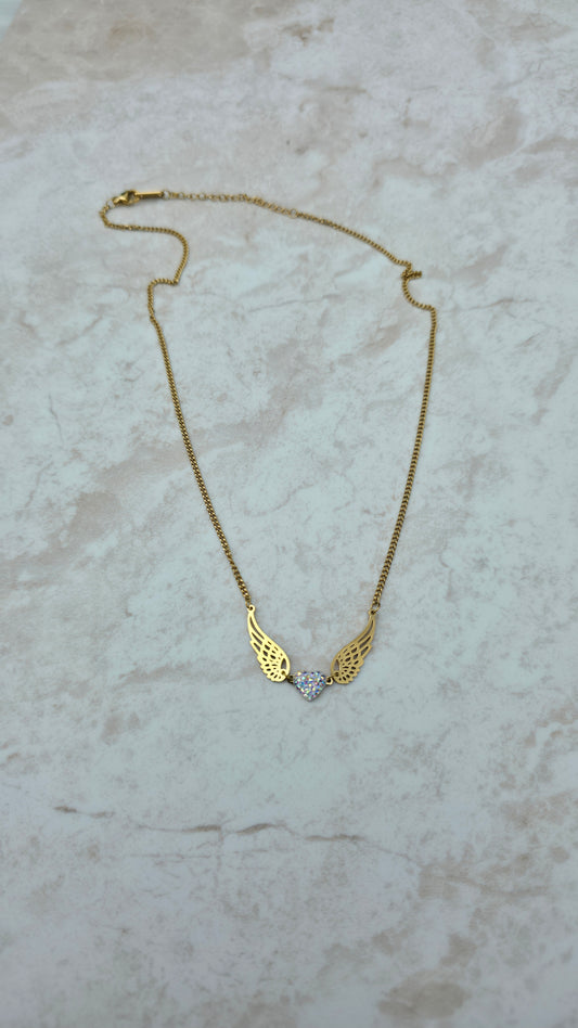 Gold Plated Stainless Steel Necklace With Flying Heart Angel Wings Love Pendant