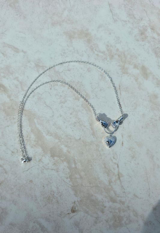 Silver Colour Stainless Steel Necklace With Two Hands Holding Hanging Heart Pendant Love Symbol
