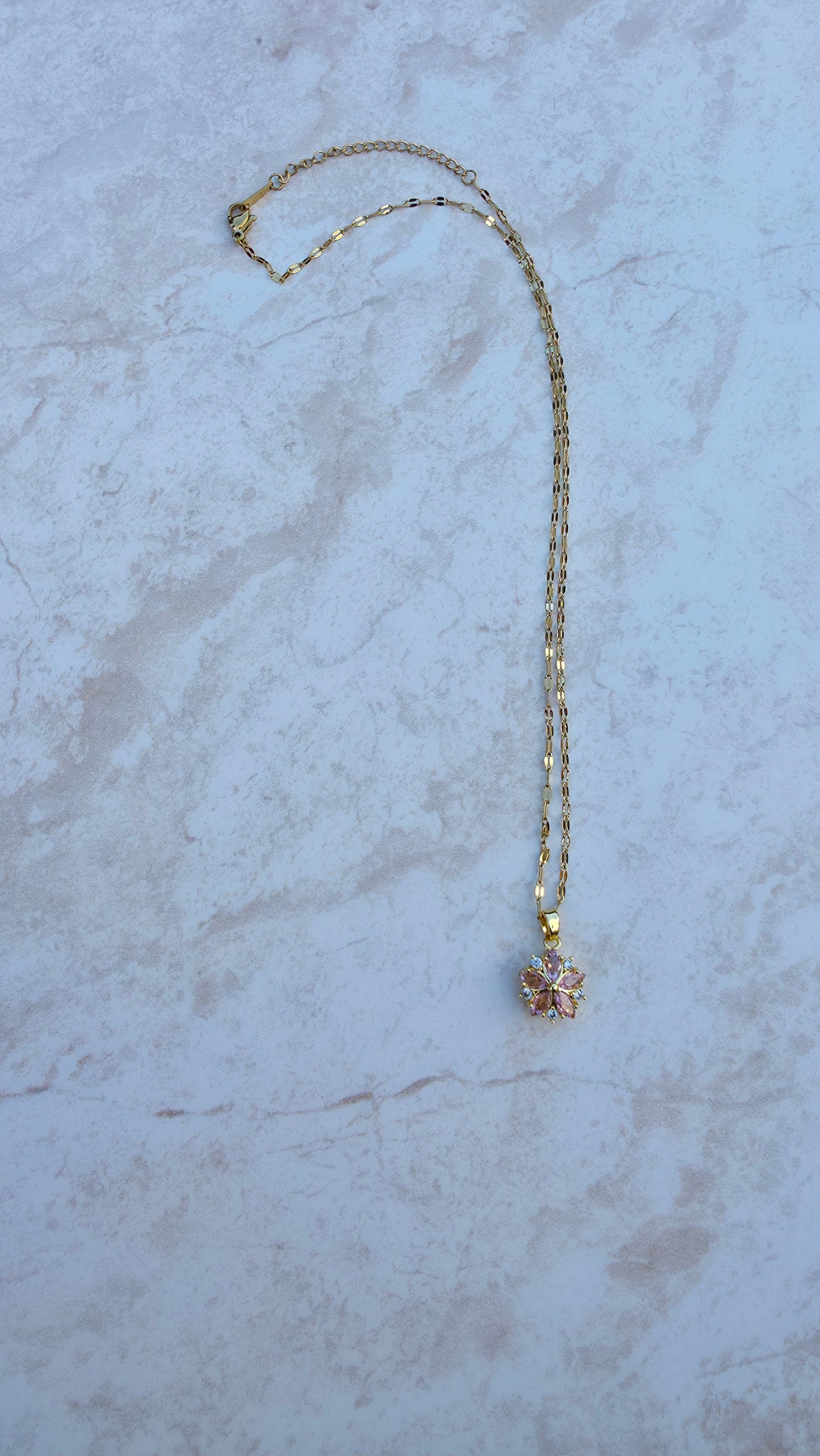 Delicate Dainty  18 K Gold Plated Stainless Steel Necklace With A Pink Stone Flower Pendant
