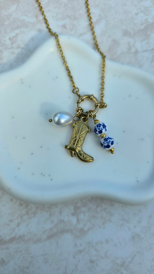 316L 18 K Gold Plated High-Quality Stainless Steel Necklace With Boot Ceramic Faux Pearl Charms Sailor Clasp