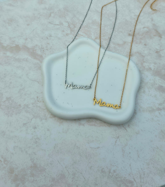 Gold Plated Silver Colour Polished Stainless Steel Necklace With The Word Mama Pendant