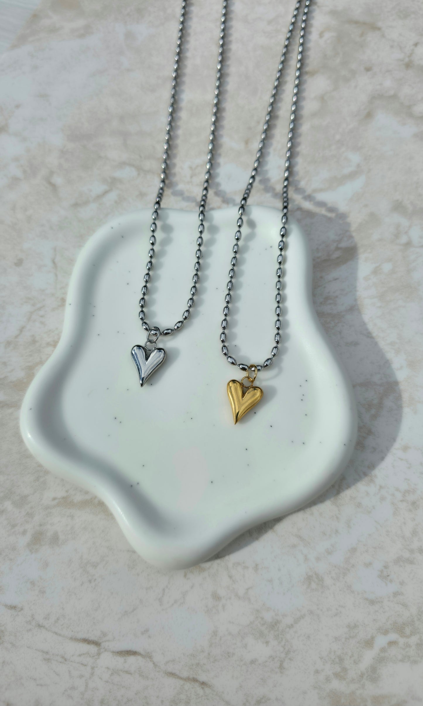18 K Gold Plated Dual Tone Stainless Steel Bead Chain Necklace Heart Pendant