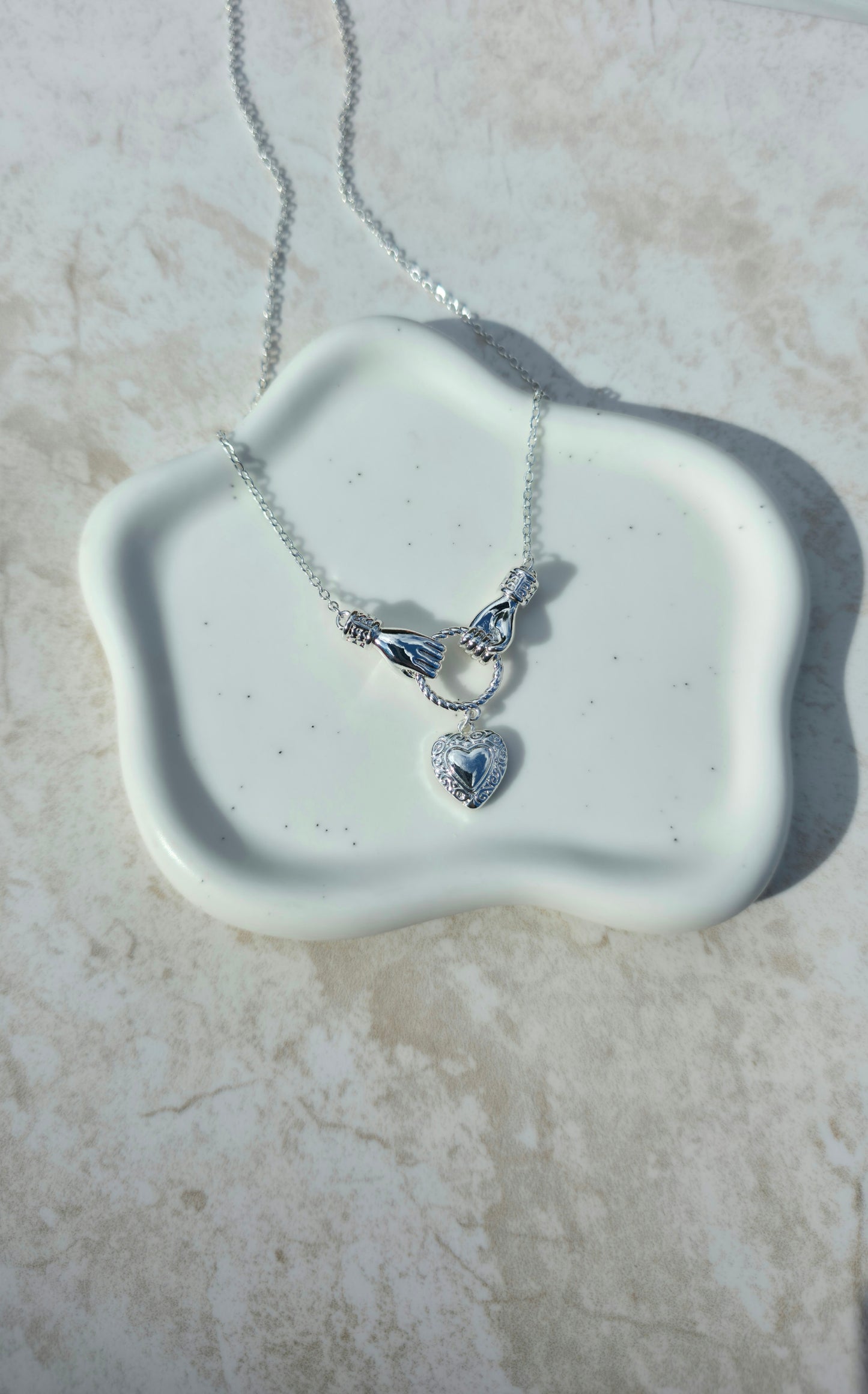 Silver Colour Stainless Steel Necklace With Two Hands Holding Hanging Heart Pendant Love Symbol