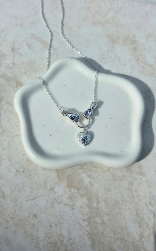 Silver Colour Stainless Steel Necklace With Two Hands Holding Hanging Heart Pendant Love Symbol