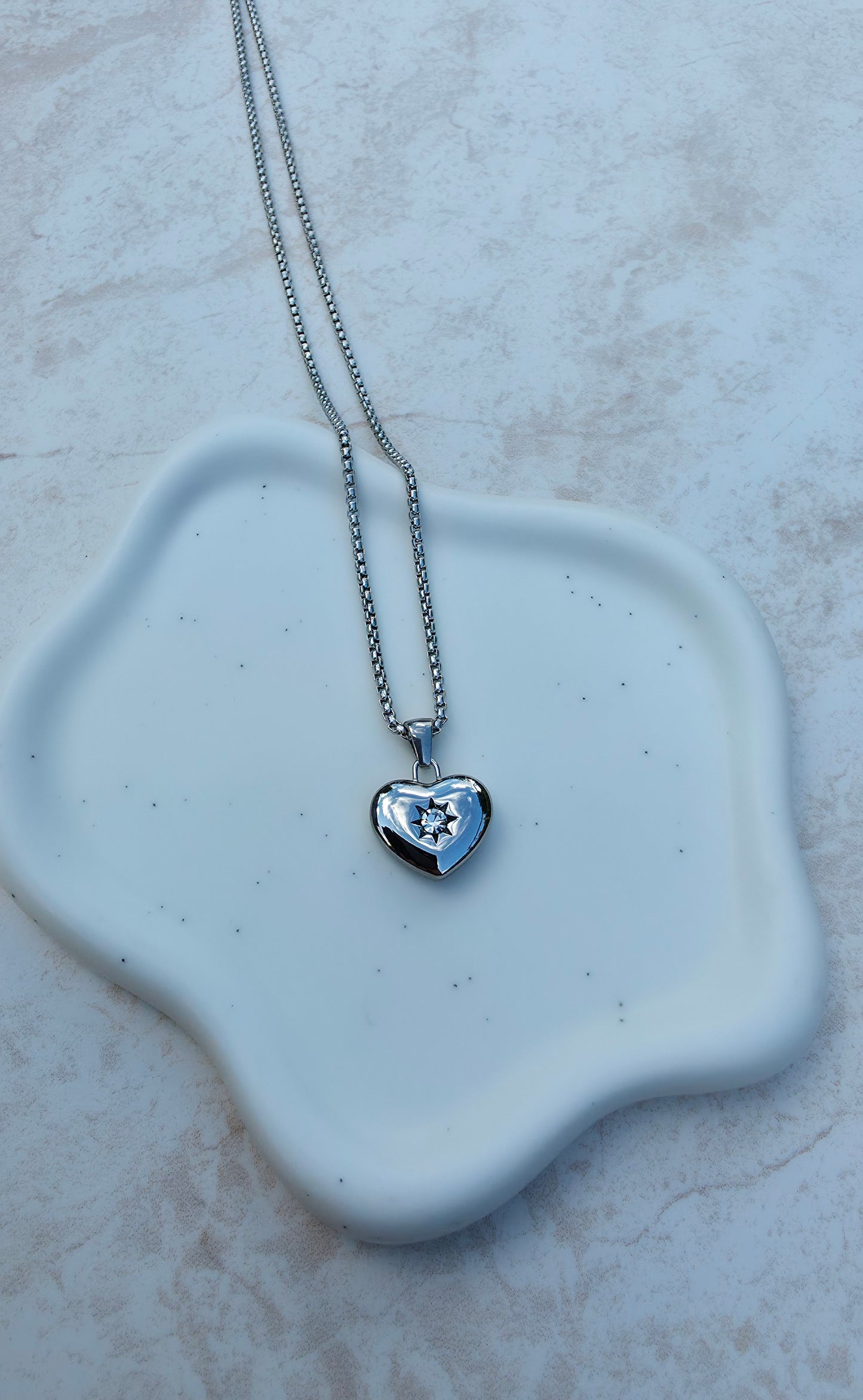 18 K White Gold Plated Stainless Steel Necklace, Chunky Heart Pendant Encrusted Zirconia Stone