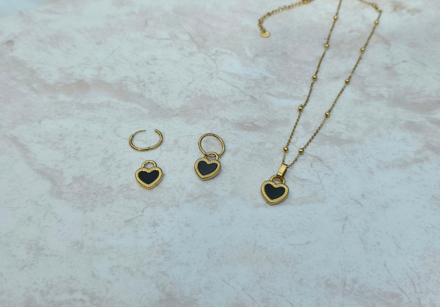 Gold Plated Stainless Steel Set Earrings Necklace Heart Charms