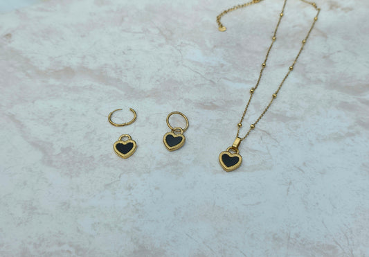 Gold Plated Stainless Steel Set Earrings Necklace Heart Charms
