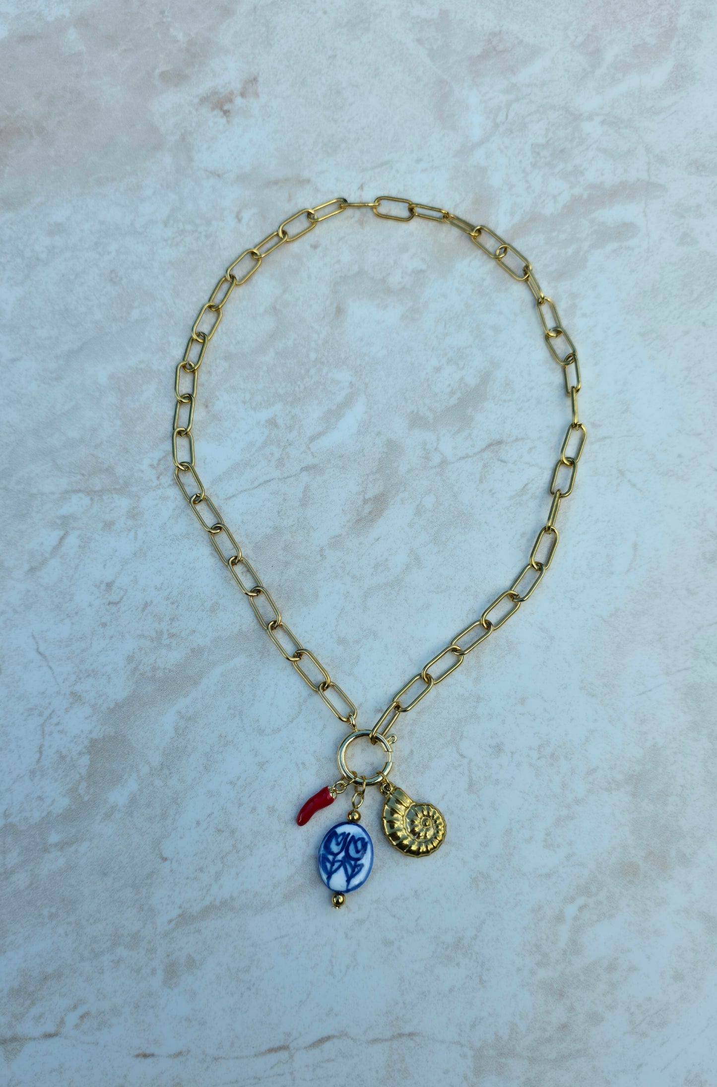 Gold Plated Stainless Steel Necklace With Charms Chilli Pepper Hand Painted Ceramic Tulip, Conch