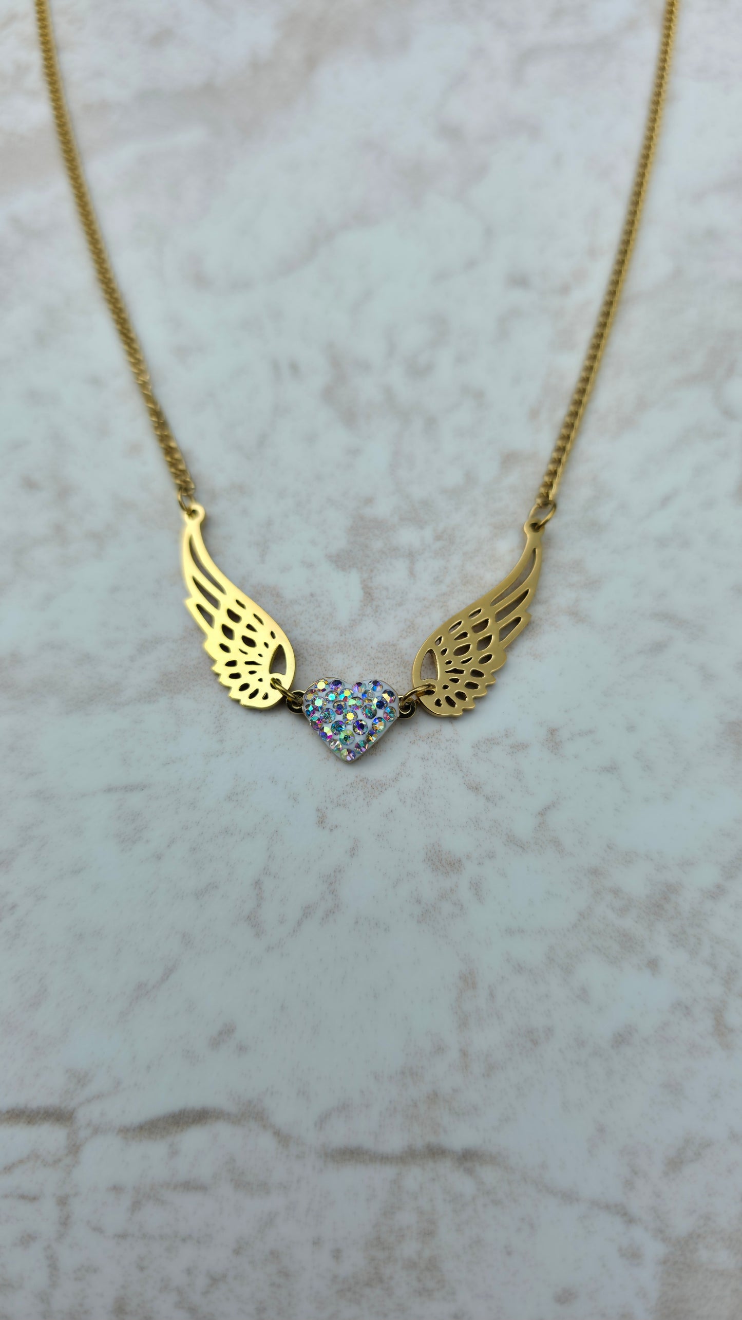 Gold Plated Stainless Steel Necklace With Flying Heart Angel Wings Love Pendant
