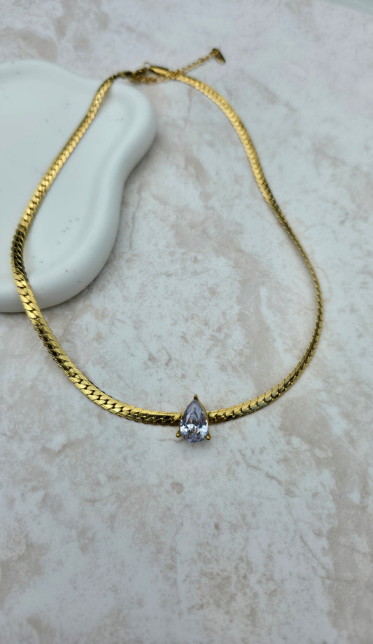 18 K Gold Plated Stainless Steel Necklace Flat Chain Teardrop Zirconia Stone Pendant