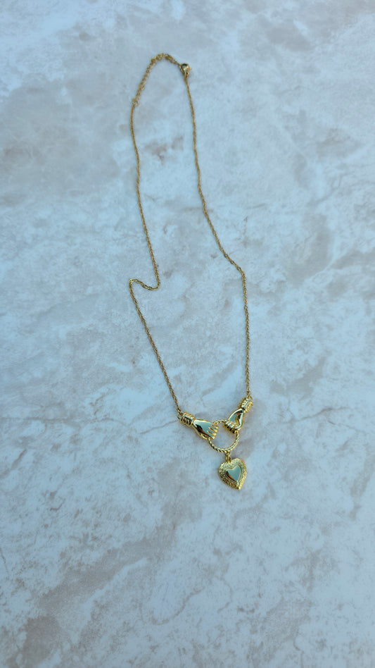 Gold Plated Stainless Steel Necklace Two Hands Holding Hanging Heart Pendant Love Symbol