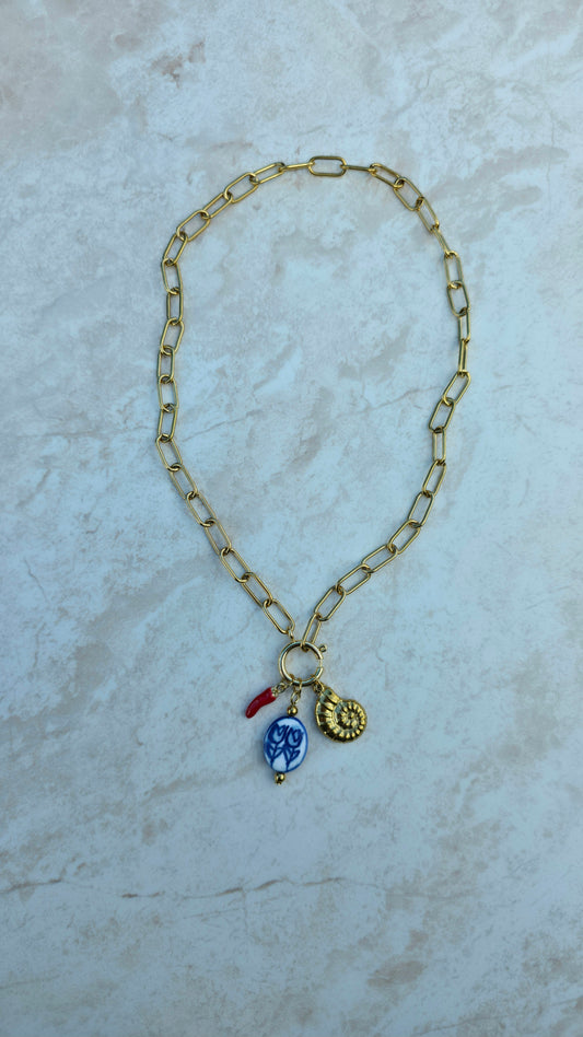 Gold Plated Stainless Steel Necklace With Charms Chilli Pepper Hand Painted Ceramic Tulip, Conch