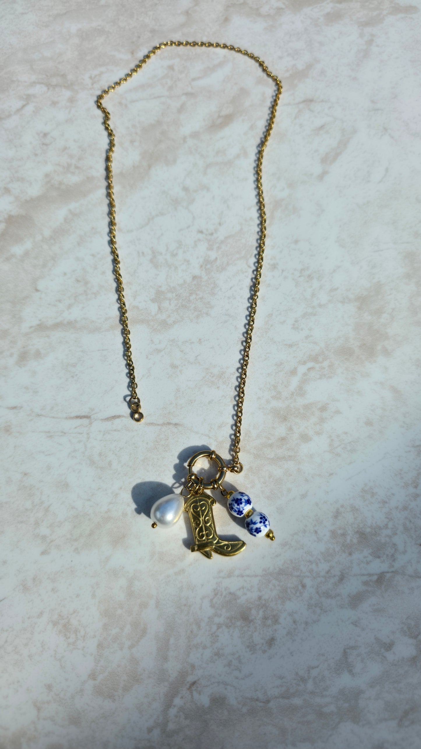 316L 18 K Gold Plated High-Quality Stainless Steel Necklace With Boot Ceramic Faux Pearl Charms Sailor Clasp